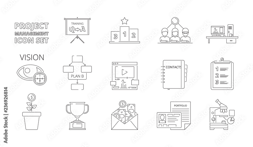 Project management symbols. Business planning processes web crm systems for work plan and strategy vector thin line pictures. Illustration of project organization icons linear style