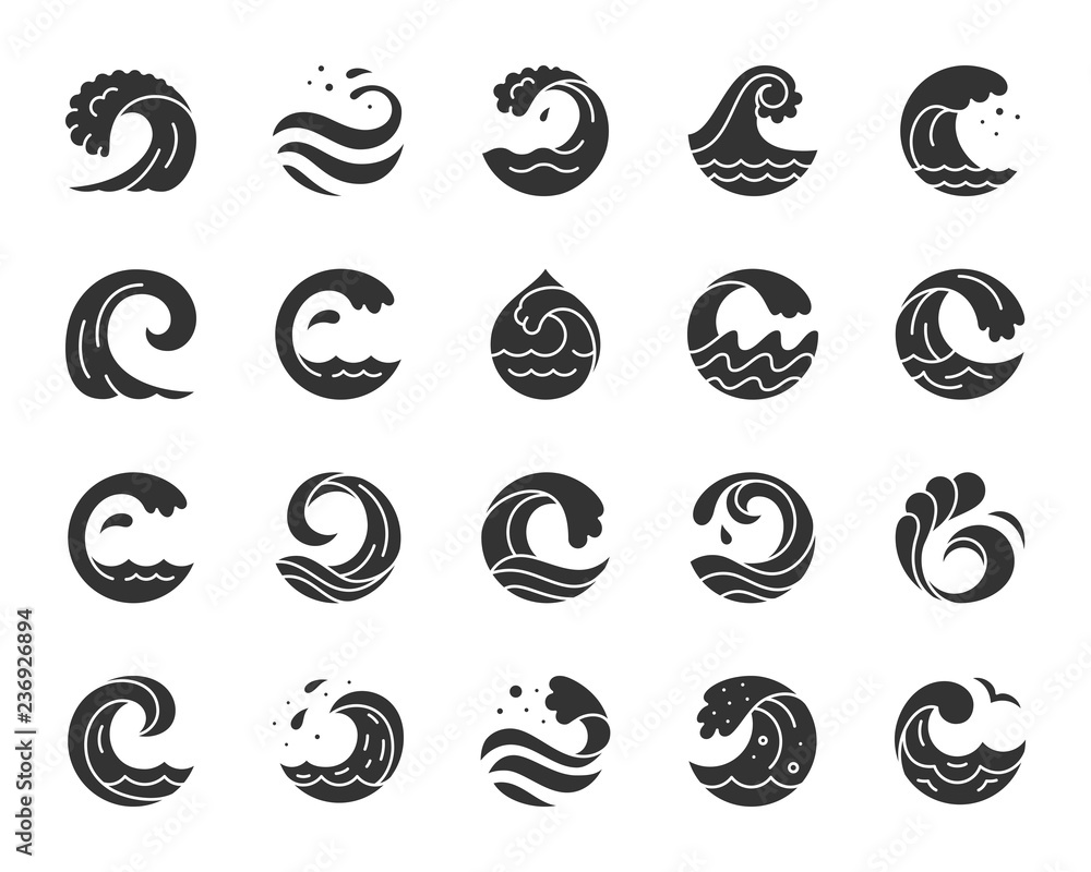 Water wave black silhouette icons vector set