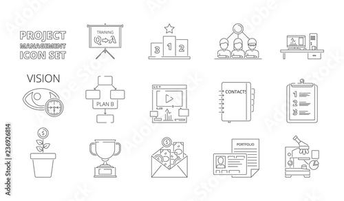 Project management symbols. Business planning processes web crm systems for work plan and strategy vector thin line pictures. Illustration of project organization icons linear style