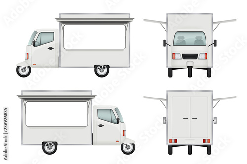 Food truck realistic. Fast food delivery motorbike transport open truck window catering service vector 3d illustrations. Illustration of delivery motorbike, car scooter