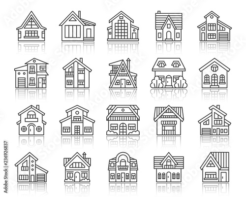 House cottage simple black line icons vector set