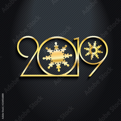 2019 Black Background New Year or Christmas  creative greeting card design Golden numbers and snowflakes