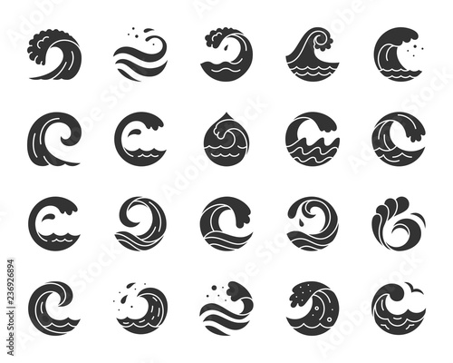 Water wave black silhouette icons vector set
