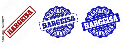 HARGEISA scratched stamp seals in red and blue colors. Vector HARGEISA labels with dirty effect. Graphic elements are rounded rectangles, rosettes, circles and text labels. photo