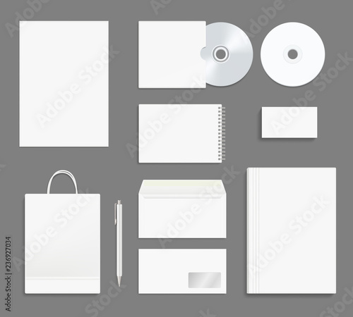 Business identity stationary. Office branding mockup corporate envelope folder set business card pen paper cd package vector realistic. Illustration of office stationary pen, stationery envelope