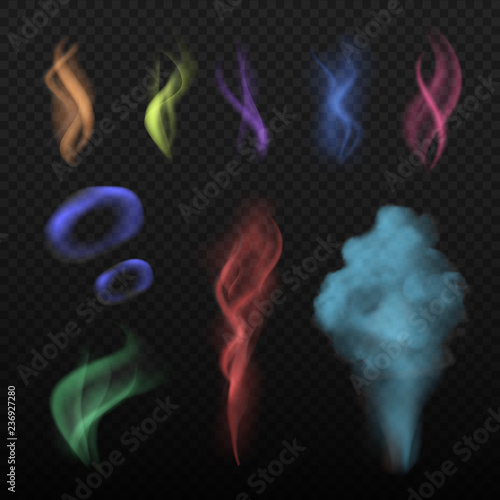Colored smoke. Steam and smell spread buring haze colorful vector collection realistic set. Illustration of color smoke, steam and smell, perfume realistic and vapor aroma