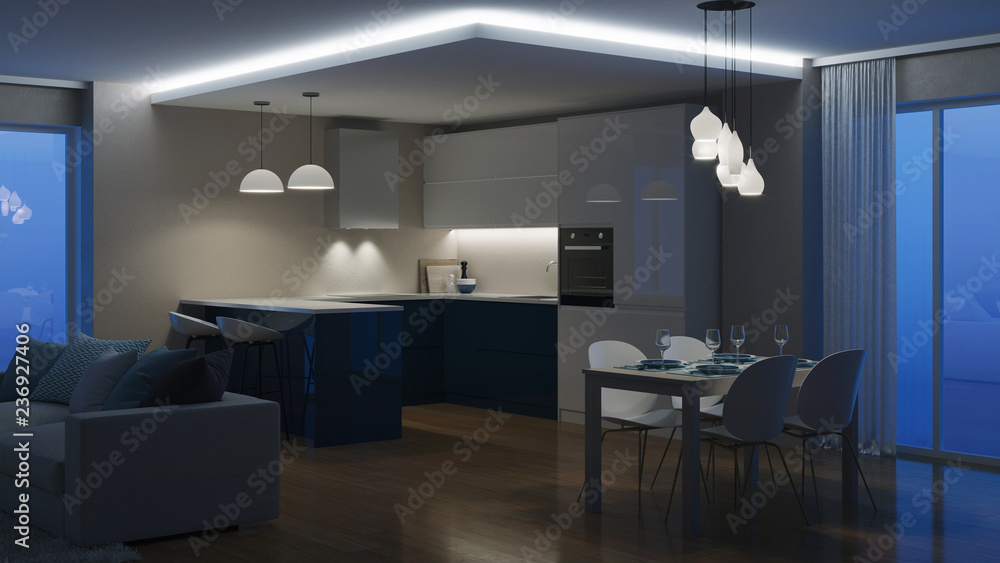 Fototapeta premium Modern house interior. Evening lighting. Night. 3D rendering.