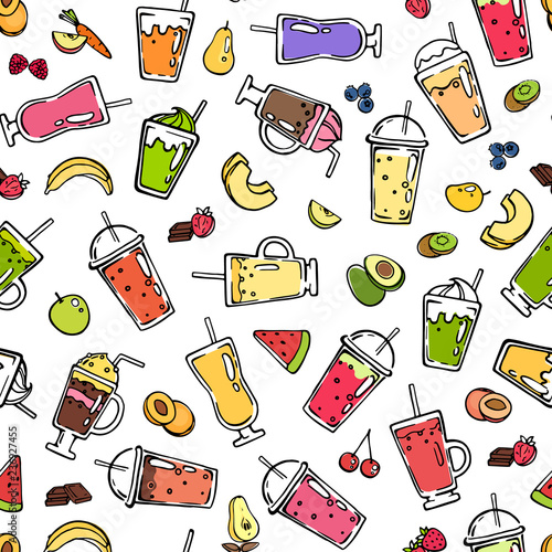 Vector doodle smoothie pattern or background illustration. Pattern fruit fresh for smoothie drink, summer food strawberry and cherry