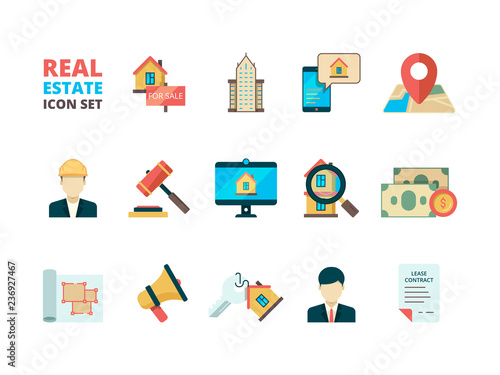 Real estate symbols. Business house rent property home sale manager realtor homeowner insurance building flat vector icons collection. Illustration of rent house, residential mortgage