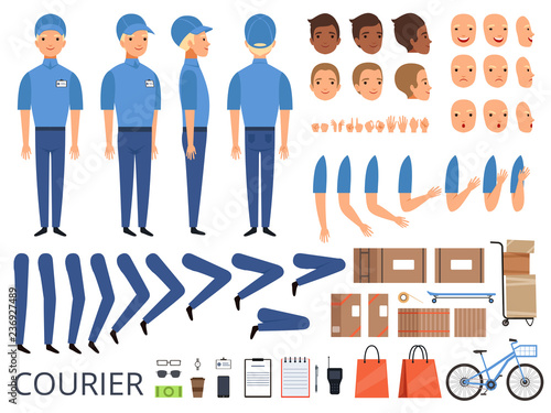 Courier box character animation. Body parts head arms cap hands of warehouse worker faces vector creation kit. Illustration of delivery animation worker man
