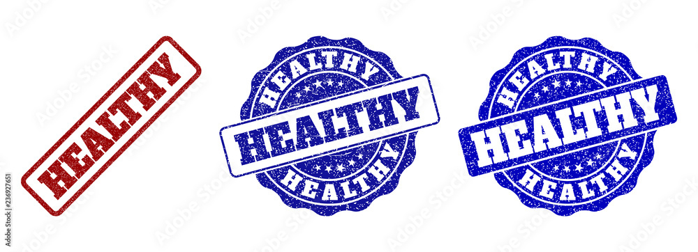 HEALTHY grunge stamp seals in red and blue colors. Vector HEALTHY overlays with grunge effect. Graphic elements are rounded rectangles, rosettes, circles and text captions. HEALTHY grunge stamp seals in red and blue colors. Vector HEALTHY overlays with grunge effect. Graphic elements are rounded rectangles, rosettes, circles and text captions.