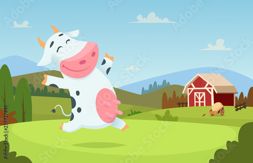 Cow at farm. Field ranch milk animals eating and playing on the grass alpes landscape vector cartoon character background. Illustration of cow on green field