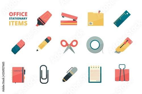Stationary items. Business office tools paper folder pencil eraser pen paper clip stapler marker vector flat icons collection. Office stationery pen and notebook illustration