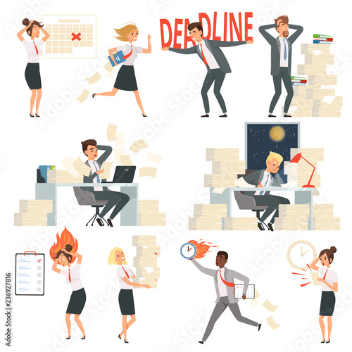 Stressed office people. Overworked deadline time busy business managers night workers vector cartoon characters. Illustration of business office stress, people worker deadline