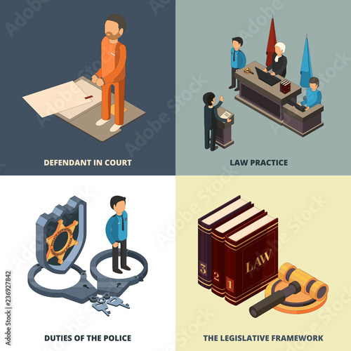 Legal isometric concept. Lawyer judge richter accused justice books hammer and other symbols 3d vector illustrations. Legal justice and judge law, isometric of lawyer 3d
