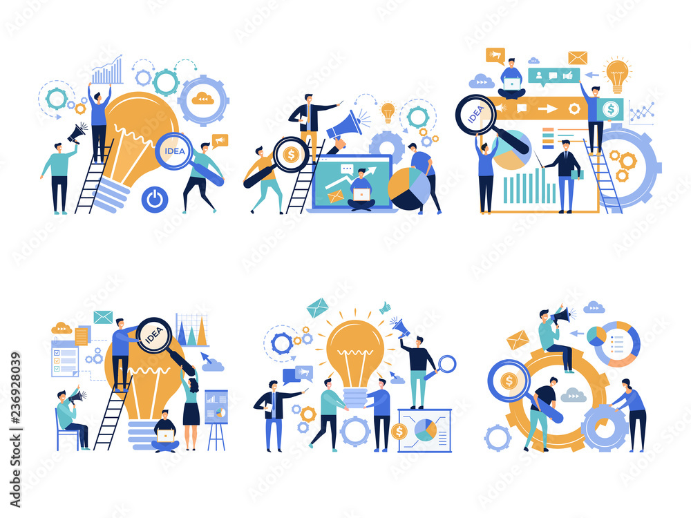 Fototapeta premium Business people. Office managers promoting and announcing various products creative digital marketing advertising vector characters. Illustration of people announcement advertising, teamwork promotion