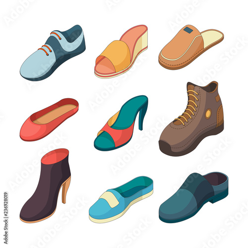 Shoes isometric. Fashion foot shoe boots sandals slippers clothes vector collection isolated. Illustration of isometric footwear and fashion boots