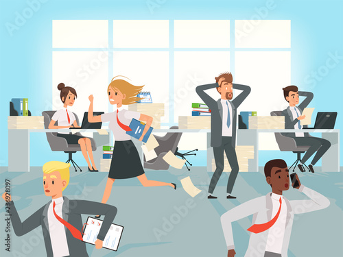 Office deadline. Business workers managers stress running on workplaces at work vector characters. Illustration of office stress, business workplace