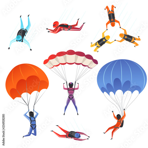 Parachute jumpers. Extreme sport skydiving paragliding male and female sportsmen in sky vector characters. Illustration of jumper and parachuting, skydiver jumping