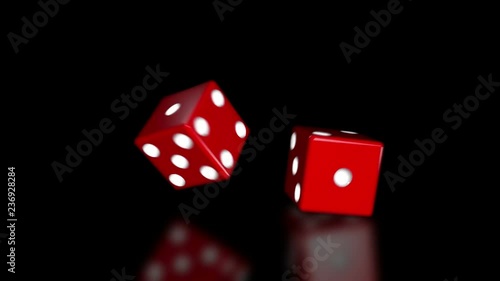 Red Dice Roll Over Black Glossy Reflective Background