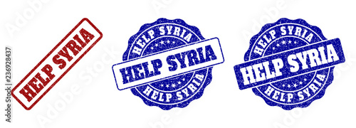 HELP SYRIA grunge stamp seals in red and blue colors. Vector HELP SYRIA labels with draft effect. Graphic elements are rounded rectangles, rosettes, circles and text labels.