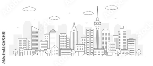 Modern urban landscape. City life illustration with house facades and other urban details. Line art. Vector.