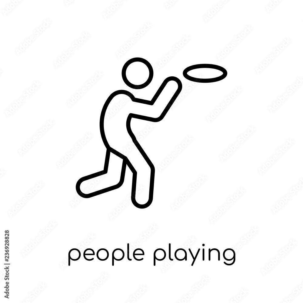 People playing Frisbee icon icon. Trendy modern flat linear vect People playing Frisbee icon icon. Trendy modern flat linear vect
