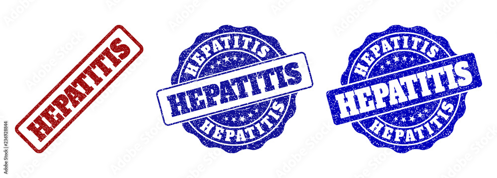 HEPATITIS grunge stamp seals in red and blue colors. Vector HEPATITIS labels with distress style. Graphic elements are rounded rectangles, rosettes, circles and text titles. HEPATITIS grunge stamp seals in red and blue colors. Vector HEPATITIS labels with distress style. Graphic elements are rounded rectangles, rosettes, circles and text titles.