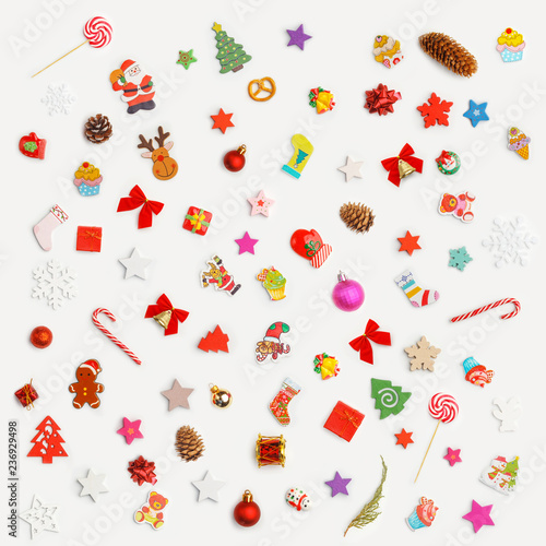 Christmas background made of decoration elements. Flat lay.