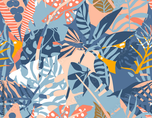 Vector seamless pattern with tropical plants and hand drawn abstract textures.