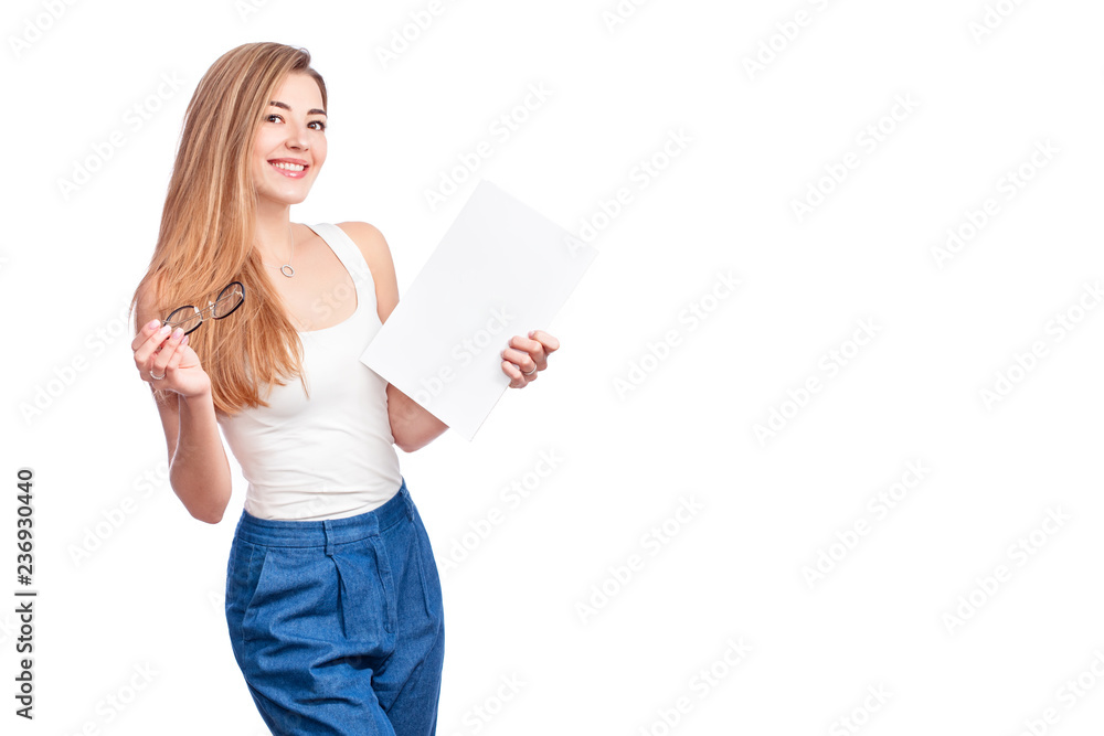 Smiling business woman, isolated on white background. Modern businesswoman in glasses with copy space Smiling business woman, isolated on white background. Modern businesswoman in glasses with copy space