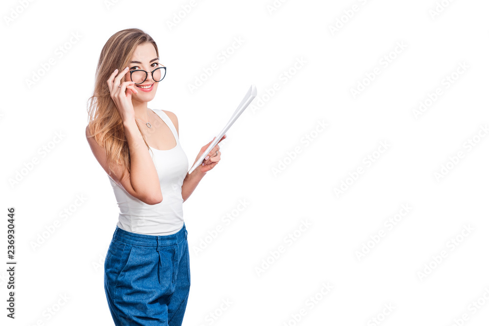 Smiling business woman, isolated on white background. Modern businesswoman in glasses with copy space Smiling business woman, isolated on white background. Modern businesswoman in glasses with copy space