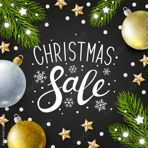 Christmas greeting card with holiday decor on dark background