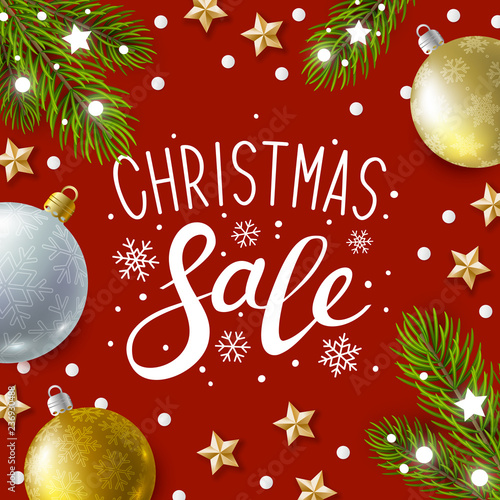 Christmas greeting card with holiday decor on red background