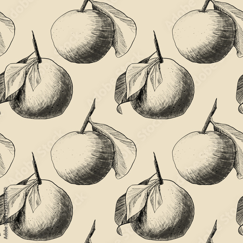 Seamless pattern: mandarins or apples, unique pencil drawings of fruits combined into beautiful compositions