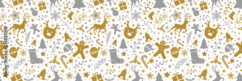 Christmas background with decorations and seamless pattern. Vector.