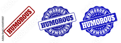 HUMOROUS grunge stamp seals in red and blue colors. Vector HUMOROUS imprints with grunge style. Graphic elements are rounded rectangles, rosettes, circles and text titles.