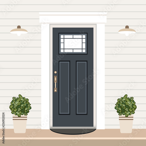 House door front with doorstep and steps, window, lamps, flowers, entry facade building, exterior entrance design illustration vector in flat style