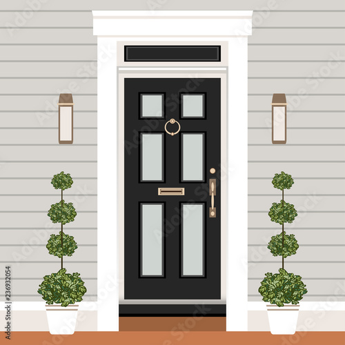 House door front with doorstep and steps, window, lamps, flowers, entry facade building, exterior entrance design illustration vector in flat style