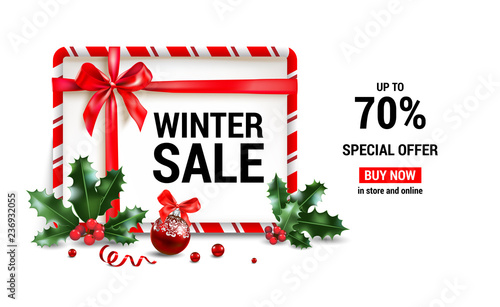 Christmas sale design for banner, ticket, leaflet, card, invitation, poster and so on. Holiday frame with fir tree and festive decorations balls and holly on white background.