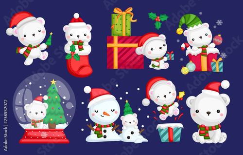 a vector set of many polar bear in Santa costume