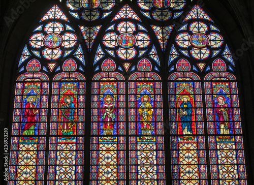 Colorful stained glass windows in  Basilique Saint-Urbain  13th century gothic church in Troyes  France.