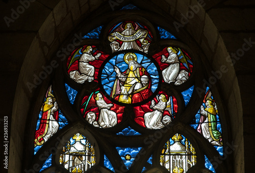 Colorful stained glass windows in Basilique Saint-Urbain, 13th century gothic church in Troyes, France.