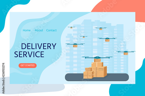 Delivery service concept for landing web page, mobile apps with cityl and helicopter.
