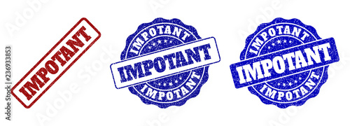 IMPOTANT grunge stamp seals in red and blue colors. Vector IMPOTANT imprints with grunge texture. Graphic elements are rounded rectangles, rosettes, circles and text captions.