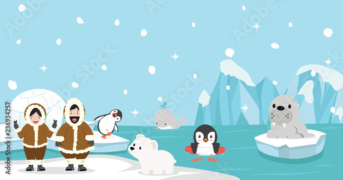 Eskimo with Artic animal background