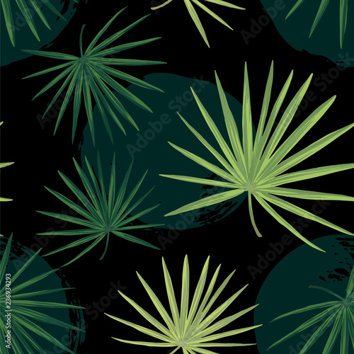 Dark tropical background with jungle plants. Seamless vector tropical pattern with green palm leaves. photo