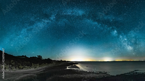 Amazing Panoramic Landscape view of Milky way over Night sky at the seashore