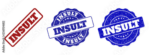 INSULT grunge stamp seals in red and blue colors. Vector INSULT overlays with grunge style. Graphic elements are rounded rectangles, rosettes, circles and text tags.