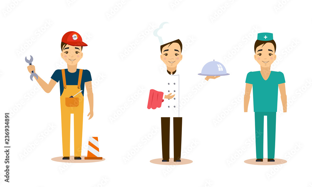 Men of different professions set, waiter, doctor, foreman, working people vector Illustration on a white background Men of different professions set, waiter, doctor, foreman, working people vector Illustration on a white background
